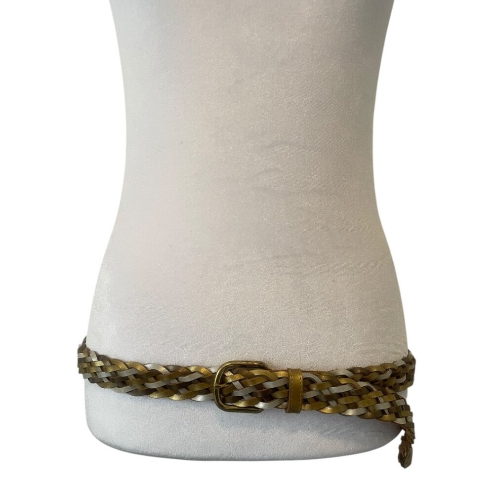 Vintage Tricolor Braided Gold Silver White Leather Belt with Gold Tone Buckle XL - Picture 4 of 6